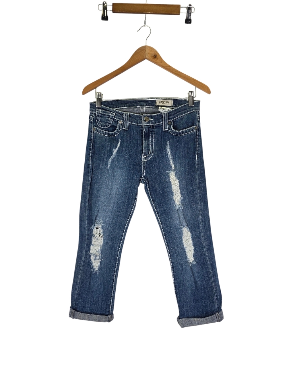 Kancan USA Junior's Denim Capris Distressed Cuffed Dark Wash Fitted Size 11